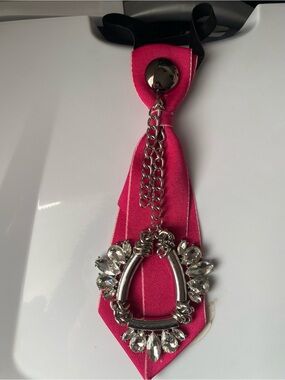 Pink Statement Ribbon Necklace with Crystal Pendant